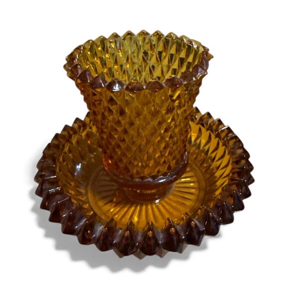 MCM Amber Indiana Glass Diamond Point 2pc Candle Holder - Picture 1 of 3